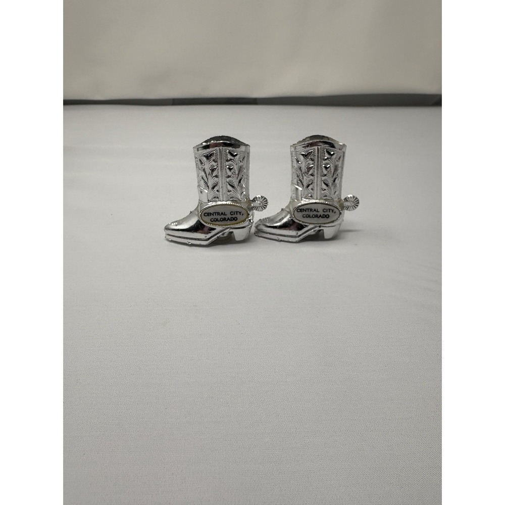 Salt & Pepper Shakers Set Central City Metal Silver Cowboy Boots Vintage Western
